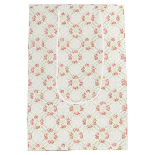 Delicate Gold Scrollwork & Pink Roses Floral Medium Cadeauzakje (Achterkant)