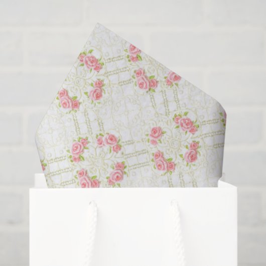 Delicate Gold Scrollwork & Pink Roses Floral Tissuepapier (Cadeauzakje)