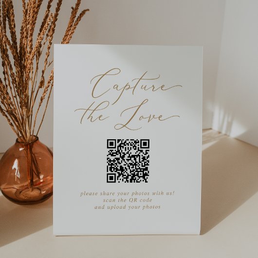 Delicate Goud Capture De Liefde QR Code Bruiloft Reclamebord Met Voetstuk