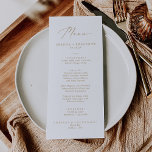 Delicate Goud Gedrukt of Printable Menu Kaart<br><div class="desc">Deze delicate gouden gedrukte of printbare menukaart is perfect voor een moderne bruiloft. Het romantische minimalistische ontwerp heeft een mooie en elegante champagne goudgele typografie op een witte achtergrond met een schone en eenvoudige uitstraling. Dit menu kan worden gebruikt voor een huwelijksreceptie,  repetitiediner of een evenement.</div>