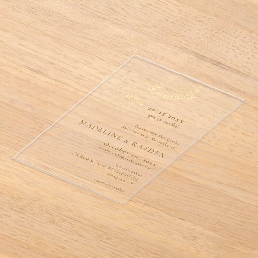 Delicate gouden botanische bruiloft acryl uitnodigingen (Laagn)