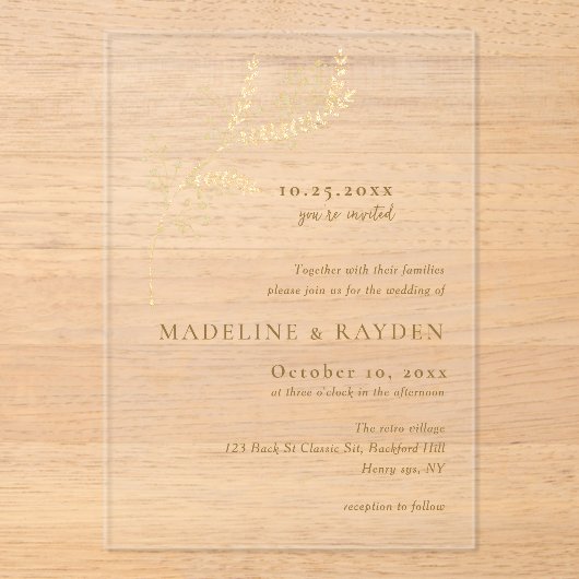 Delicate gouden botanische bruiloft acryl uitnodigingen (Voorkant)