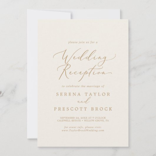 Delicate Gouden Calligrafie Crème Trouwreceptie Kaart (Voorkant)
