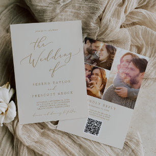 Delicate Gouden Cream Fotocollage QR Code Bruiloft Kaart