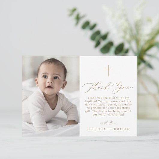 Delicate Gouden Foto Minimale Eenvoudige Kruisdoop Bedankkaart (Staand voorkant)