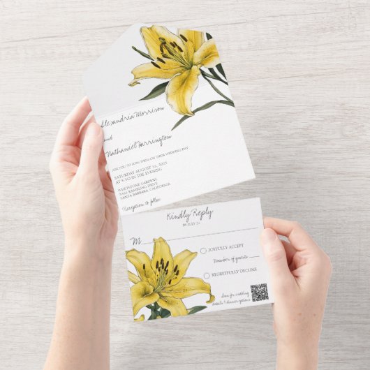 Delicate Gouden Gele Lelie QR Code All In One Uitnodiging (Afscheurbaar)
