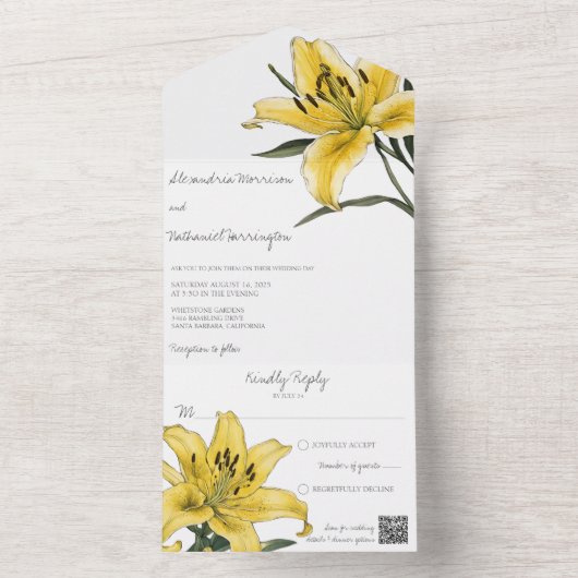 Delicate Gouden Gele Lelie QR Code All In One Uitnodiging (Binnen)