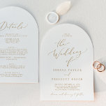 Delicate gouden kalligrafie boog alles in een brui kaart<br><div class="desc">Deze delicate gouden kalligrafie boog alles in één bruiloft uitnodiging is perfect voor een moderne bruiloft. Het romantische minimalistische ontwerp heeft een mooie en elegante champagne goudgele typografie op een witte achtergrond met een schone en eenvoudige look. Bewaar papier door de details op de achterkant van de huwelijksuitnodiging op te...</div>