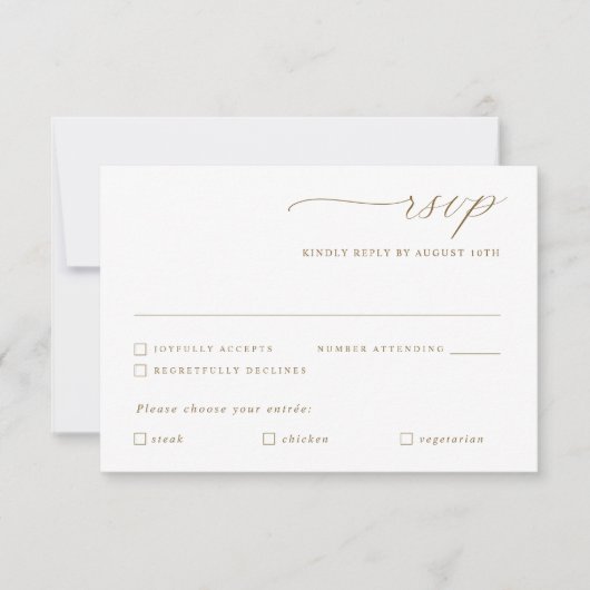 Delicate gouden kalligrafie bruiloft maaltijd opti RSVP kaartje (Voorkant)