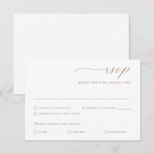 Delicate gouden kalligrafie bruiloft maaltijd opti RSVP kaartje (Voorkant / Achterkant)