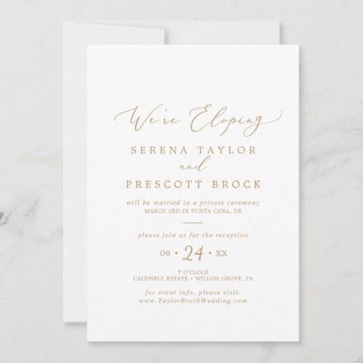 Delicate Gouden Kalligrafie Elopement Ontvangst Kaart (Voorkant)