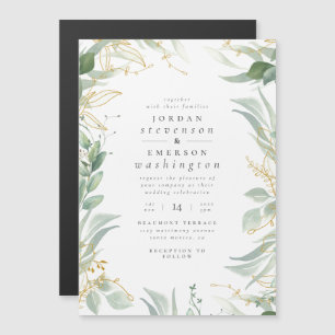 Delicate Green Leaves & Gold Branches Wedding Magnetische Uitnodiging