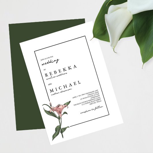Delicate Green Pink Lily Spring Flower Wedding Kaart