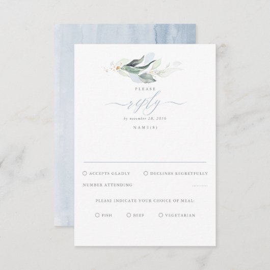 Delicate Greenery en Dusty Blue Wedding RSVP (Voorkant / Achterkant)