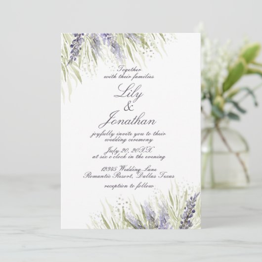 Delicate Greenery en Lavender Wedding Kaart (Staand voorkant)