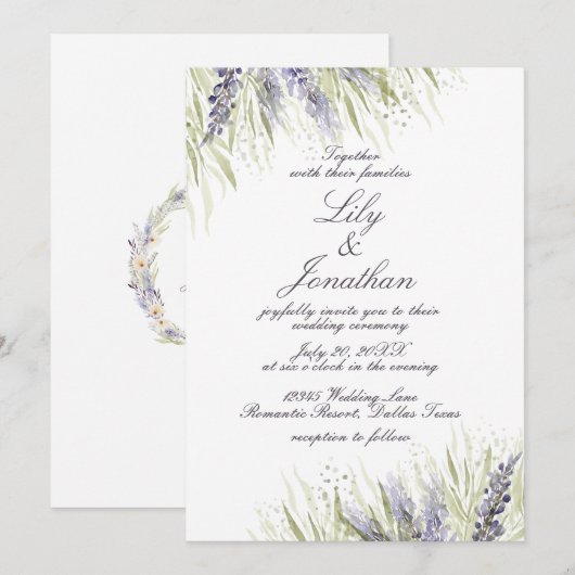Delicate Greenery en Lavender Wedding Kaart (Voorkant / Achterkant)