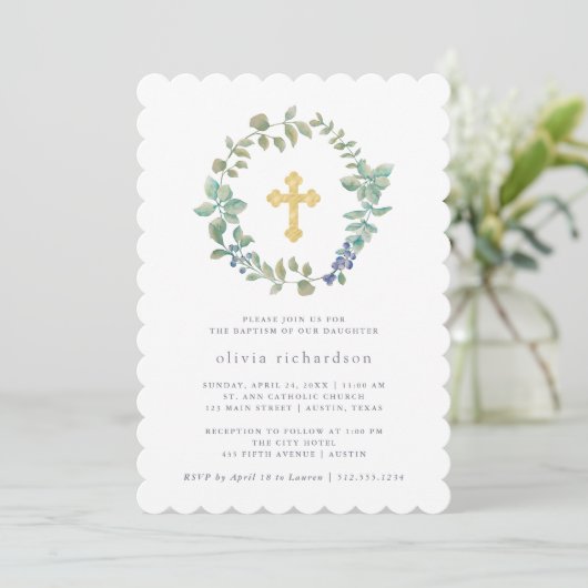 Delicate Greenery | Faux Gold Cross-Baptisme Kaart (Staand voorkant)