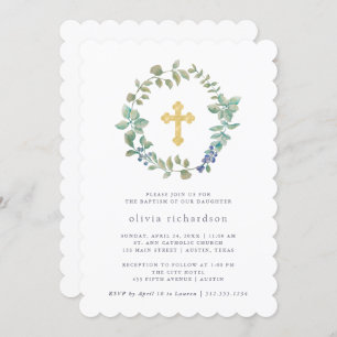 Delicate Greenery Faux Gold Cross-Baptisme Kaart