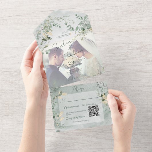 Delicate Greenery Modern Photo QR Code All In One Uitnodiging (Afscheurbaar)