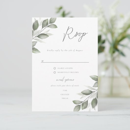 Delicate Greenery Rsvp met menuopties (Staand voorkant)