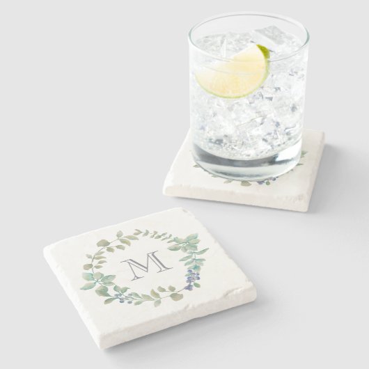 Delicate Greenery | Waterverf Wreator en Monogram Stenen Onderzetter (Zijkant)