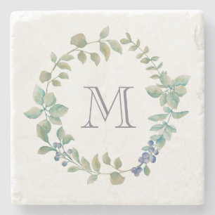 Delicate Greenery Waterverf Wreator en Monogram Stenen Onderzetter