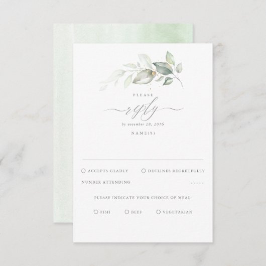 Delicate groen en gouden bruiloft RSVP (Voorkant / Achterkant)