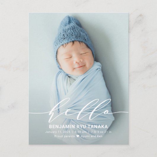 Delicate Hallo Modern Birth Announcement Briefkaar Briefkaart (Voorkant)