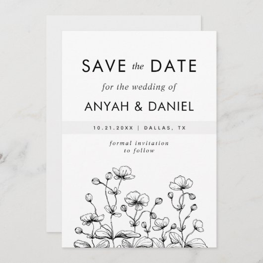 Delicate hand getekend Wilde Vloer Natuur zwart wi Save The Date (Voorkant / Achterkant)