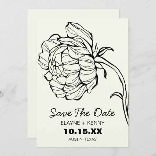 Delicate Hand getrokken pioen Save The Date (Voorkant / Achterkant)