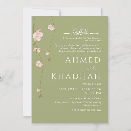 Delicate Hanging Peach Blossom Islamic Wedding Kaart (Voorkant)