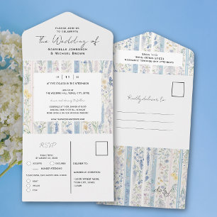 Delicate Helder Delftsblauw Kruiden Vintage Trouwd All In One Uitnodiging