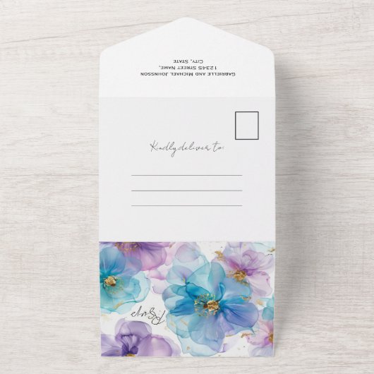 Delicate Helder Doorschijnend Blauw Bloemen Bruilo All In One Uitnodiging (Buitenkant)