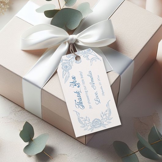 Delicate Hemelblauwe Bloemenguirlande Baby Shower Cadeaulabel