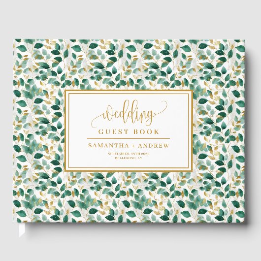 Delicate Hunter Green en Gold bruiloft gastenboek (Voorkant)