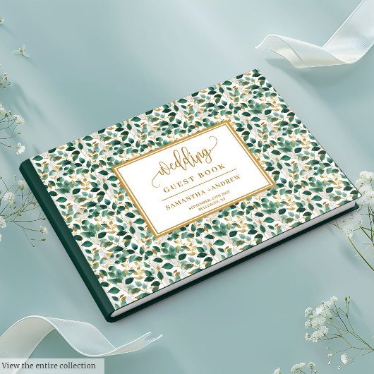 Delicate Hunter Green en Gold bruiloft gastenboek