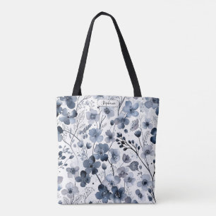 Delicate Indigo Blauwe Bloemstuk Aangepast Tote Bag