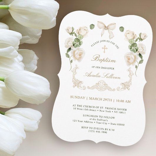 Delicate Ivory Roses Frame Baptism Kaart