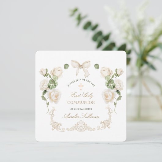 Delicate Ivory Roses Frame First Communion Small Kaart (Staand voorkant)