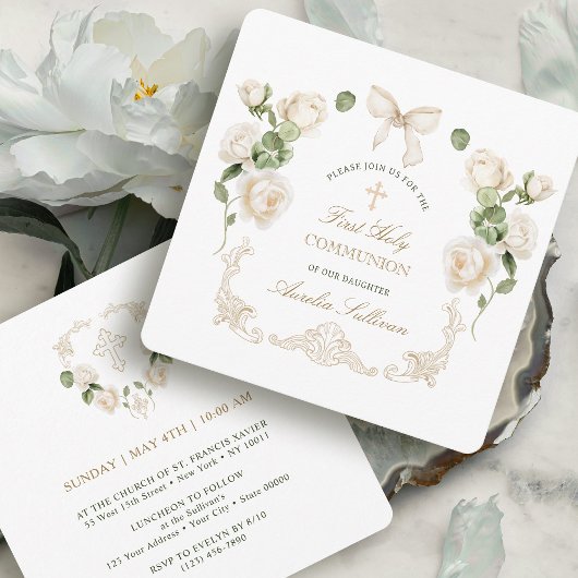 Delicate Ivory Roses Frame First Communion Small Kaart