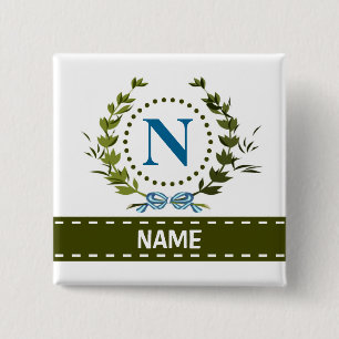 Delicate Ivy Wreath and Bow Name met Monogram N Vierkante Button 5,1 Cm