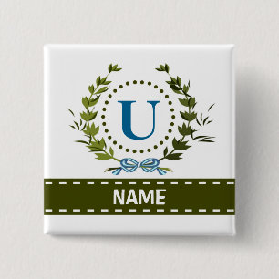 Delicate Ivy Wreath and Bow Name met Monogram U Vierkante Button 5,1 Cm
