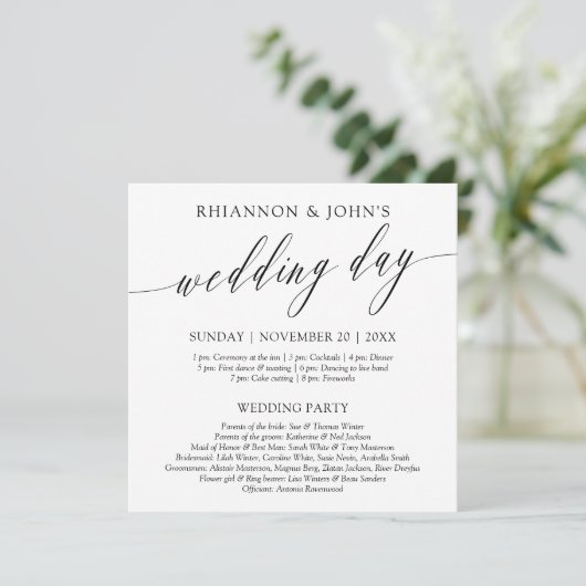 Delicate kalligrafie bruiloft dag programma programmakaart (Staand voorkant)