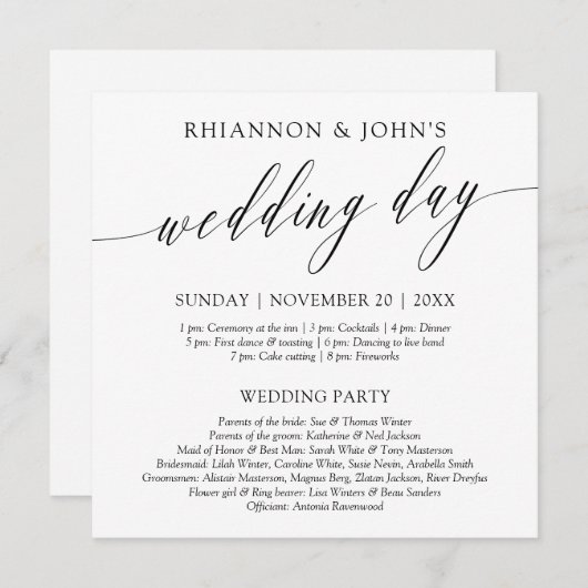 Delicate kalligrafie bruiloft dag programma programmakaart (Voorkant / Achterkant)