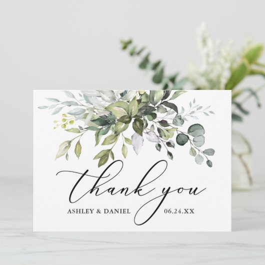 Delicate kalligrafie bruiloft Waterverf groen Bedankkaart (Staand voorkant)