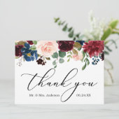 Delicate kalligrafie Burgundy Blue Floral Wedding Bedankkaart (Staand voorkant)