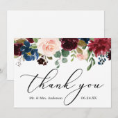 Delicate kalligrafie Burgundy Blue Floral Wedding Bedankkaart (Voorkant / Achterkant)