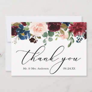 Delicate kalligrafie Burgundy Blue Floral Wedding Bedankkaart