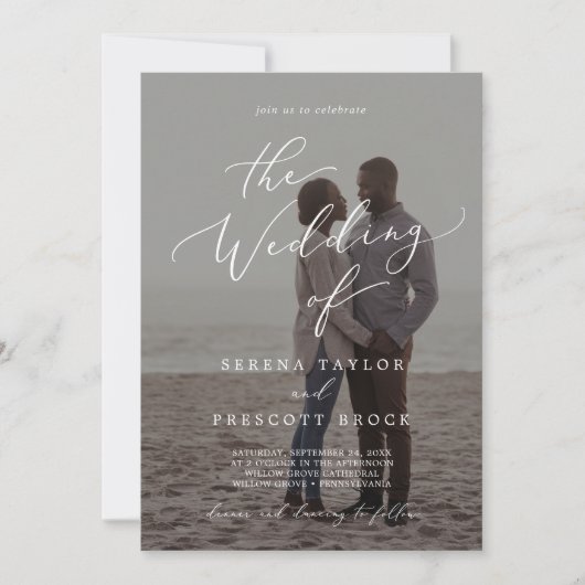 Delicate kalligrafie donkere foto-overlay bruiloft kaart (Voorkant)