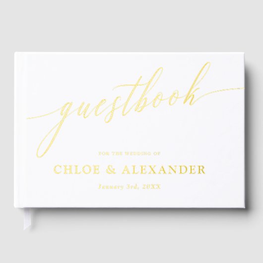 Delicate kalligrafie goud & witte bruiloft gastenboek (Voorkant)